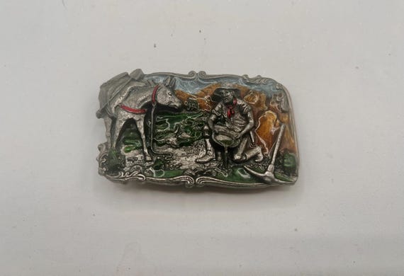 Vintage Belt Buckle "Panning for Gold" Made in USA, with Custom Genuine Leather Belt