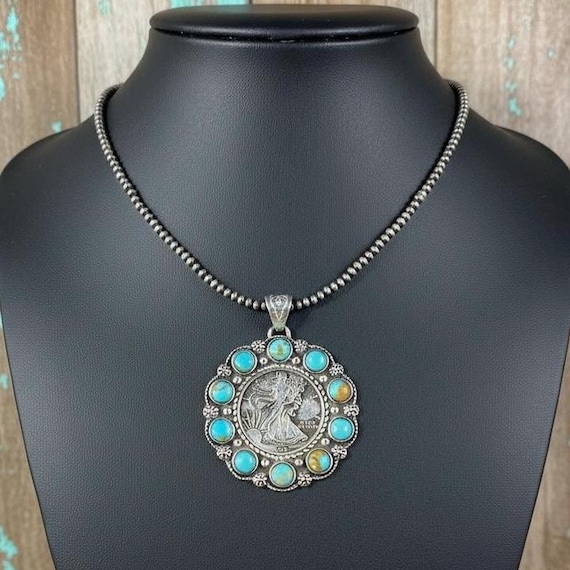 Southwest Sterling Silver Turquoise Pendant Walking Liberty Coin Necklace