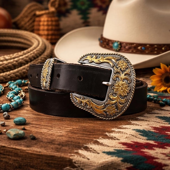 Western Belt Buckle & Leather Set – Floral Engraved Silver Gold Buckle