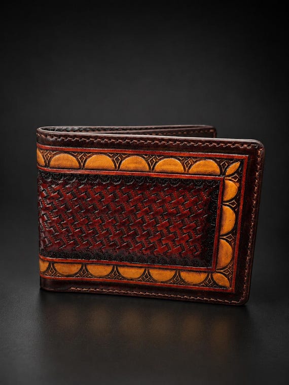 Hand Carved Leather Wallet - Basketweave Billfold for Men