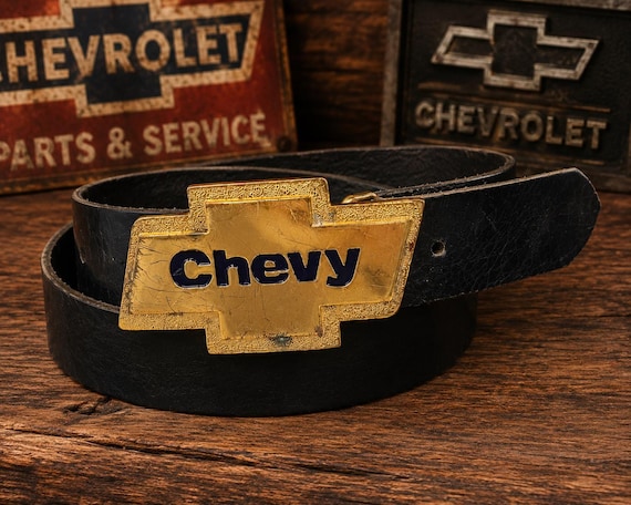 Vintage Chevy Bowtie Belt Buckle with Genuine Leather Belt | Gold Chevrolet Logo Buckle | Classic Americana Gift for Him