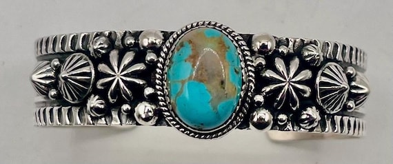Sterling Silver Cuff Bracelet: Turquoise Floral Design (Southwest Inspired)