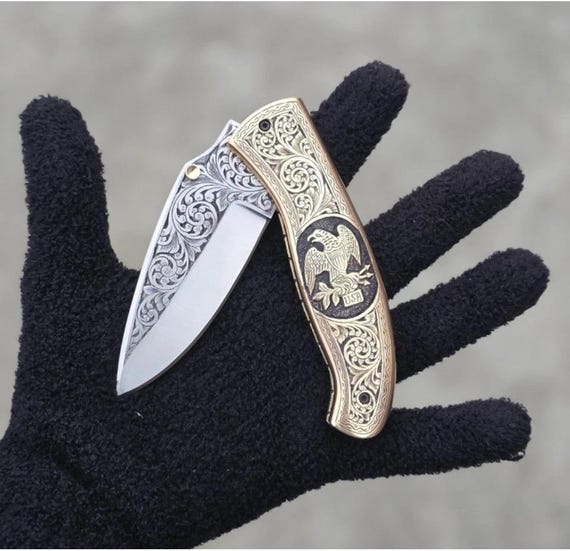 Handmade Engraved Eagle Knife, Patriotic USA Design, Leather Sheath