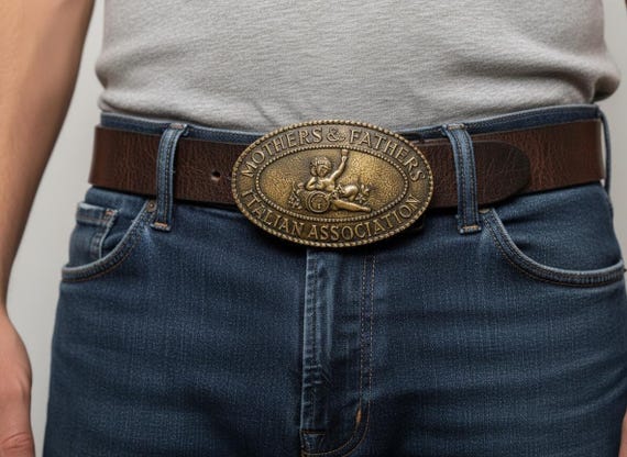 Vintage Belt Buckle, Italian Association, Solid Brass, Optional Belt