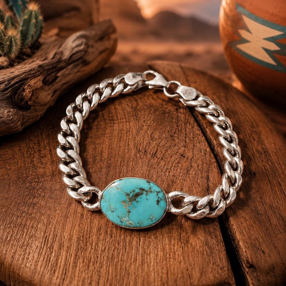 Sterling Silver Turquoise Chain Bracelet | Genuine Turquoise Oval Link Bracelet | Southwestern Western Jewelry | Women’s Gift | 7”, 8”, 8.5”