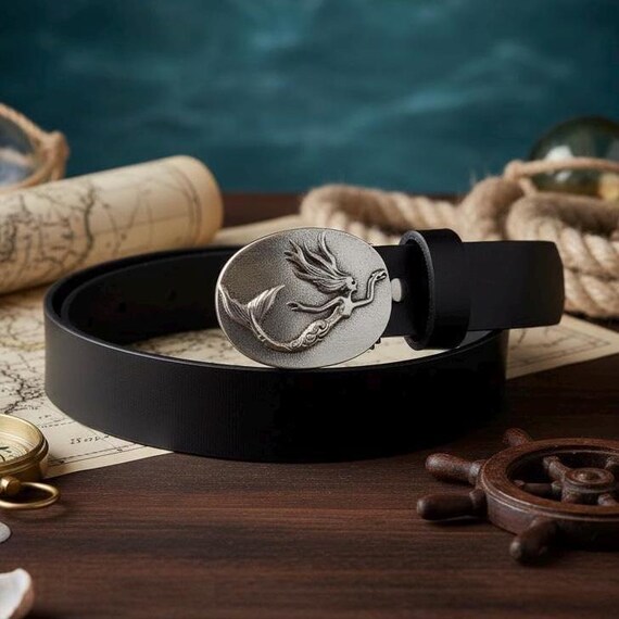 Mermaid Belt Buckle with Custom Genuine Leather Belt | Nautical Coastal Accessory for Beach Lover | Gift for Her