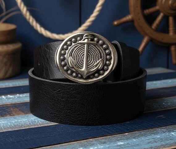 Anchor Belt Buckle with Custom Genuine Leather Belt | Nautical Coastal Accessory for Beach Lover | Gift for Him or Her