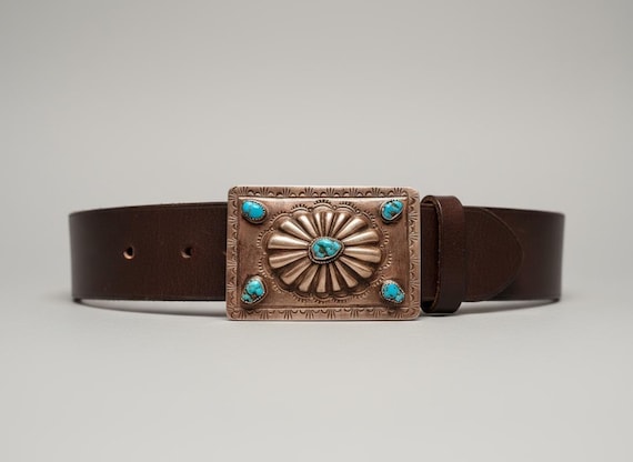 Sterling Silver Turquoise Concho Belt Buckle | Southwestern Sunburst Design with Custom Genuine Leather Belt
