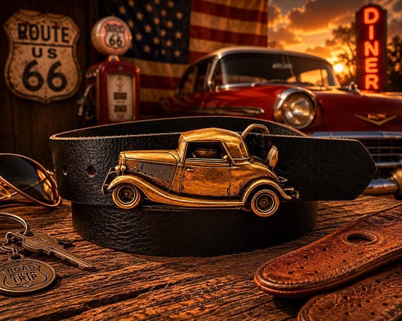 Vintage Ford Coupe Belt Buckle with Handmade Leather Belt | 1930s Ford Hot Rod Buckle | Route 66 Americana Gift | Choose Brass or Pewter