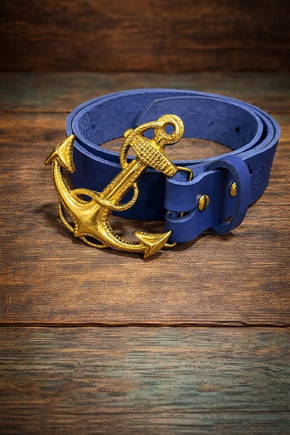 Handmade Leather Anchor Belt – Brass or Pewter Buckle, Nautical Style