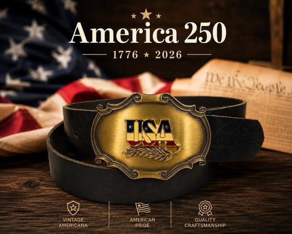 Vintage USA Belt Buckle with Custom Leather Belt | 1978 Raintree Patriotic Buckle | Americana Belt | America 250 Gift | USA Collector Buckle