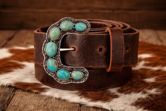 Southwestern Turquoise Belt Buckle with Custom Leather Belt – Sterling Silver Turquoise Buckle – Western Women’s Belt – Cowgirl Belt