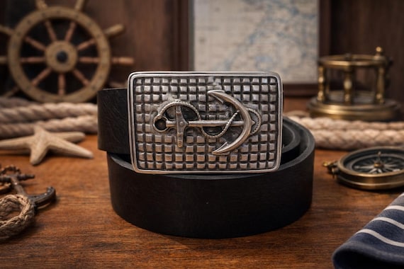 Nautical Anchor Belt Buckle with Custom Leather Belt – Maritime Statement Accessory