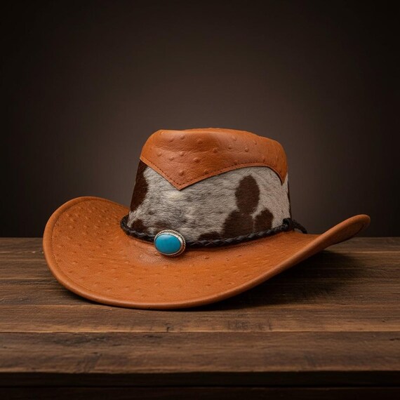 Handmade Ostrich Leather Cowboy Hat | Hair-On Cowhide, Stone Concho