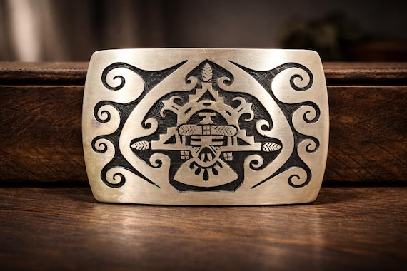 Vintage Southwestern Belt Buckle, Kachina, Signed “A” Sterling Silver, with Custom Genuine Leather Belt