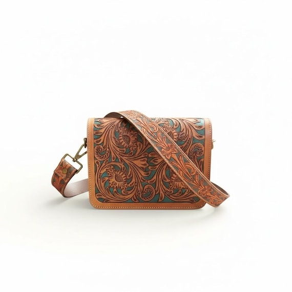 Southwestern Hand Carved leather Crossbody bag in Tan and Turquoise