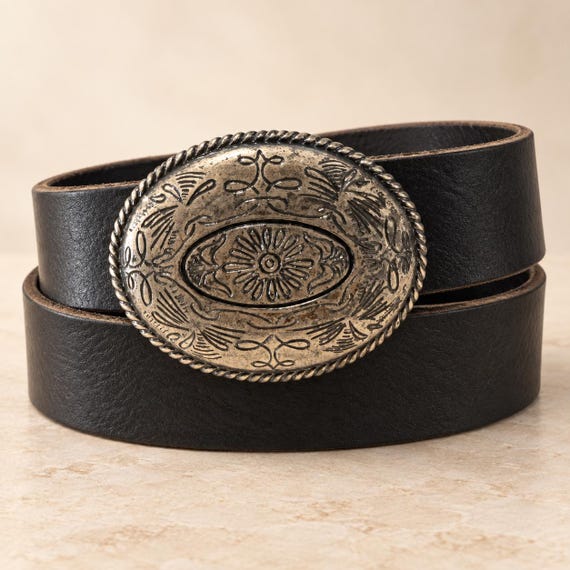 Vintage Victorian Belt Buckle & Custom Genuine Leather Belt, Ornate Silver Tone Medallion, Renaissance Statement Belt, Made in Spain