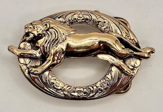 Brass Running Lion Belt Buckle - Handmade Leather Belt