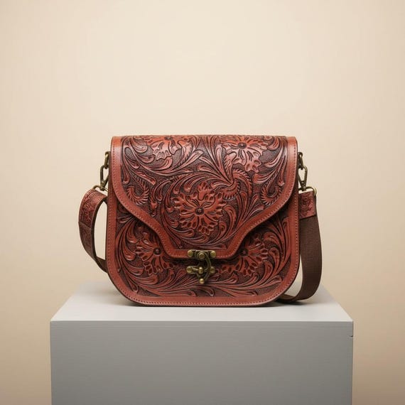 Ladies Southwesten red crossbody purse - fine handcarved leather