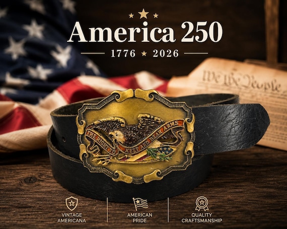 Vintage 1977 Keep and Bear Arms Belt Buckle with Custom Leather Belt | Patriotic Eagle Buckle | Americana Collectible | Raintree USA |