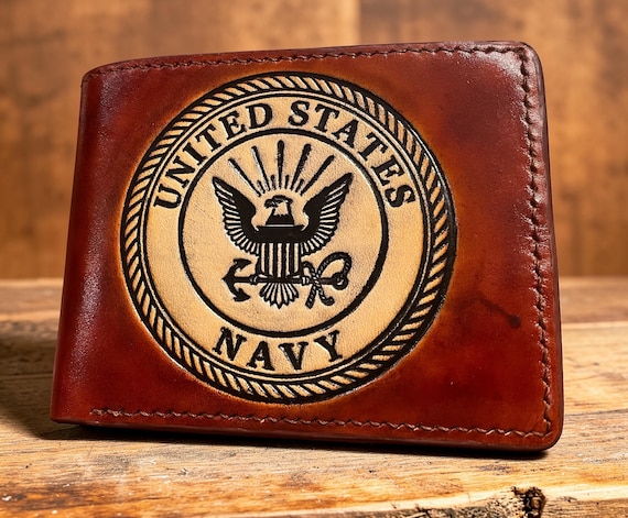 Hand Carved Leather Bifold Wallet – Military Emblem, Patriotic Design
