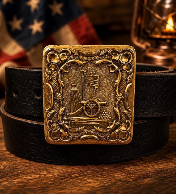 Vintage Revolutionary War Cannon Belt Buckle with Handmade Genuine Leather Belt | 1976 Bergamot Brass Works | Colonial Fort & American Flag