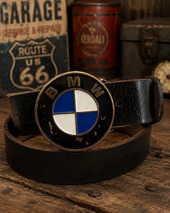 Vintage BMW Round Logo Belt Buckle with Custom Genuine Leather Belt | Black Leather | Classic Automotive Collector Gift | Handmade Belt
