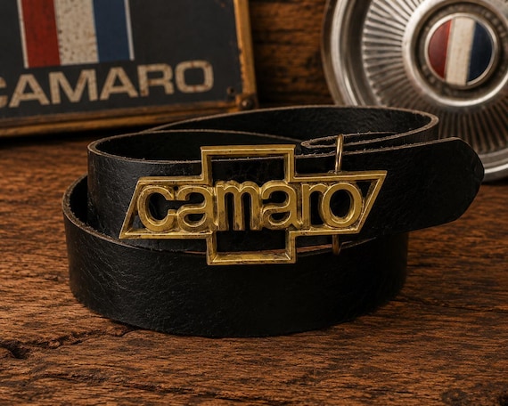 Vintage Camaro Belt Buckle with Genuine Leather Belt | Brass Chevrolet Camaro Logo Buckle | Retro Muscle Car Gift for Him