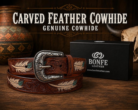 Southwestern Leather Belt, Hand-Carved Southwestern Feather (Custom Fit)