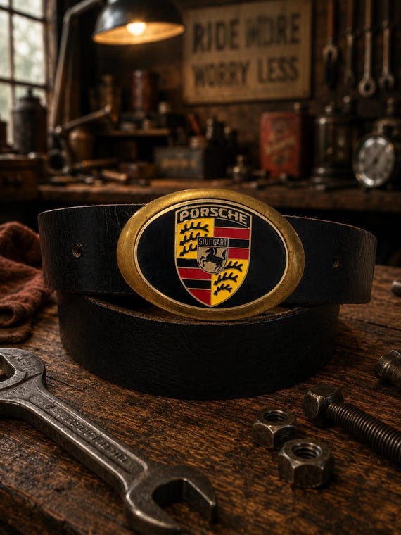 Vintage Porsche Brass Belt Buckle with Custom Genuine Leather Belt | Classic Sports Car Gift | Vintage Porsche Collector Buckle