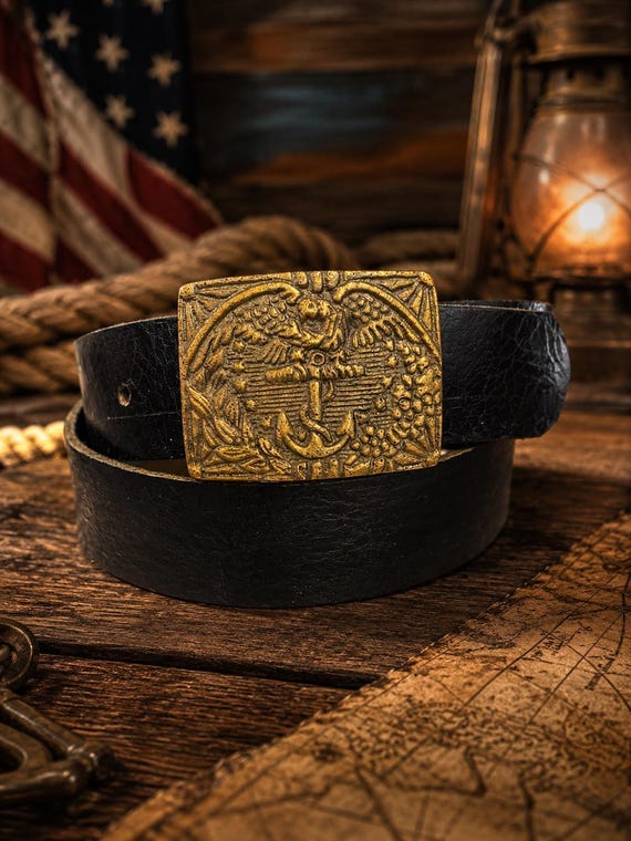 Vintage Solid Brass Eagle & Anchor Belt Buckle with Genuine Leather Custom Belt | Nautical Maritime Buckle | 2.75” x 2” Gift for Him