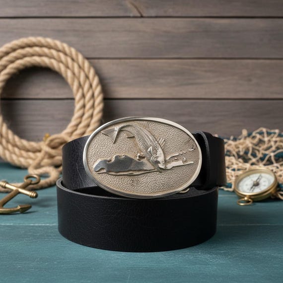 Leather Belt: Nautical Striped Bass Buckle, Long Island Map (Handmade)