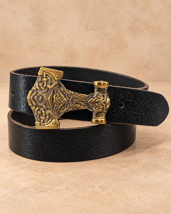 Handmade brass Thor's Hammer, with Custom Genuine English Bridle Leather Belt, Medieval Viking Style Gift