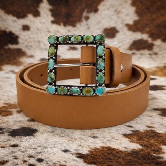 Southwestern Turquoise Belt Buckle with Custom Leather Belt – Sterling Silver Turquoise Buckle – Western Women’s Belt – Cowgirl Belt