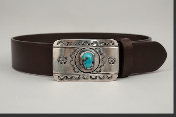 Turquoise Belt Buckle with Handmade Leather Belt