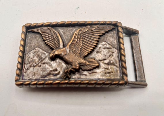 Vintage Belt Buckle American Eagle Flying over Mountains, Solid Brass, Optional Belt
