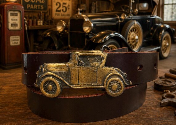 Classic 1930s Ford Roadster Style Coupe Solid Brass Belt Buckle with Handmade Genuine Leather Belt | Classic Hot Rod | Vintage Car Gift