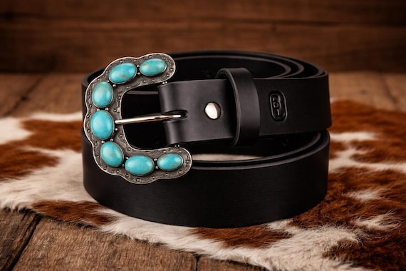 Southwestern Turquoise Belt Buckle with Custom Leather Belt – Sterling Silver Turquoise Buckle – Western Women’s Belt – Cowgirl Belt