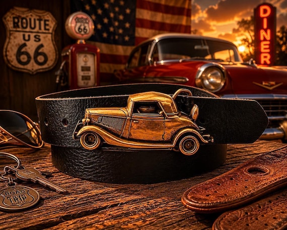Vintage Ford Coupe Belt Buckle with Handmade Leather Belt | 1930s Ford Hot Rod Buckle | Route 66 Americana Gift | Choose Brass or Pewter