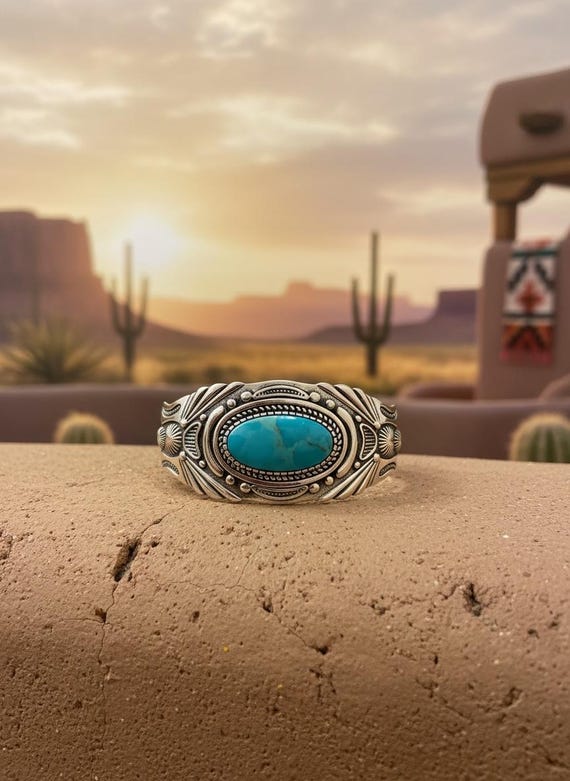Sterling Silver Kingman Turquoise Cuff Bracelet | Hand Stamped Western Style Bracelet | Signed BL Bonfe Leather | Boho Southwestern Gift
