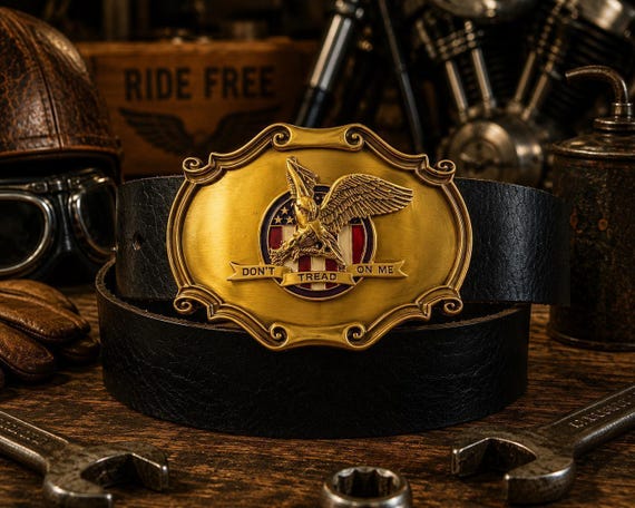 Vintage Motorcycle Eagle Belt Buckle with Custom Genuine Leather Belt |Patriotic Brass Collector Buckle | Military Veteran Marine Belt Gift