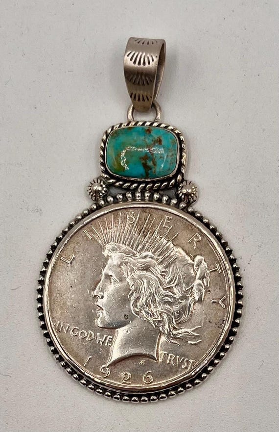 Handmade .900 Silver Peace Dollar Pendant with Kingman Turquoise cabochon