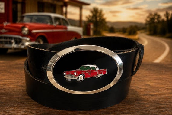 Vintage Chevy Belt Buckle with Custom Genuine Leather Belt – Classic Chevy Corvette Car Buckle – Retro Automotive Gift for Men
