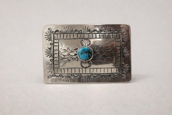 Navajo Turquoise Southwestern Belt Buckle – Hand Stamped Nickel Silver