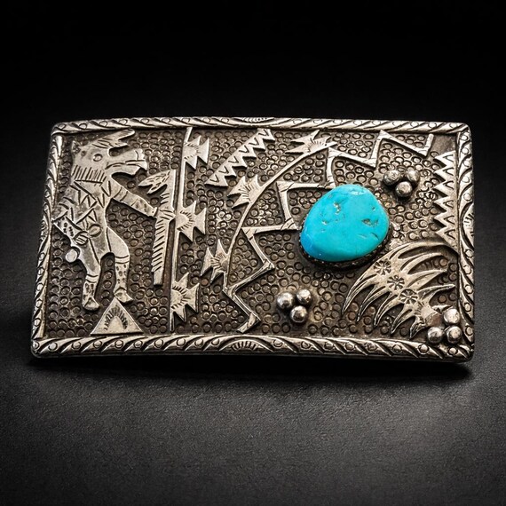 Vintage Southwestern Sterling Silver Kokopelli Turquoise Belt Buckle – Genuine Turquoise – Handmade Southwest Buckle – Signed VA