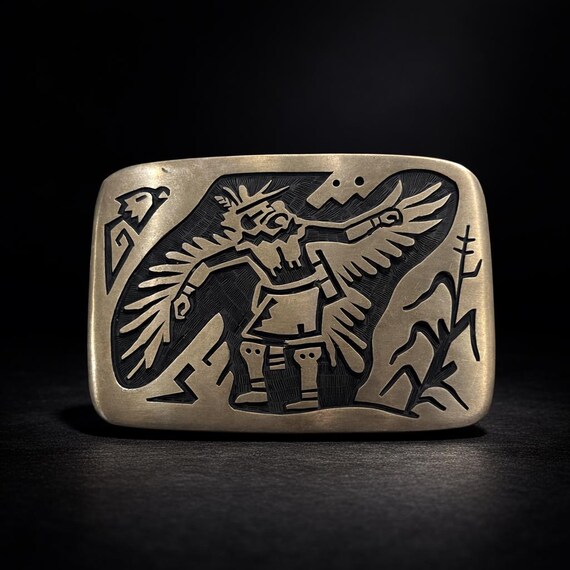 Vintage Southwestern Belt Buckle, Kachina Inlay Sterling Silver, with Optional Leather Belt