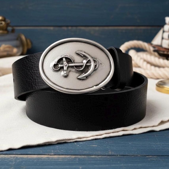 Anchor Belt Buckle with Custom Leather Belt – Unisex Gift, Nautical Coastal Accessory for Boater