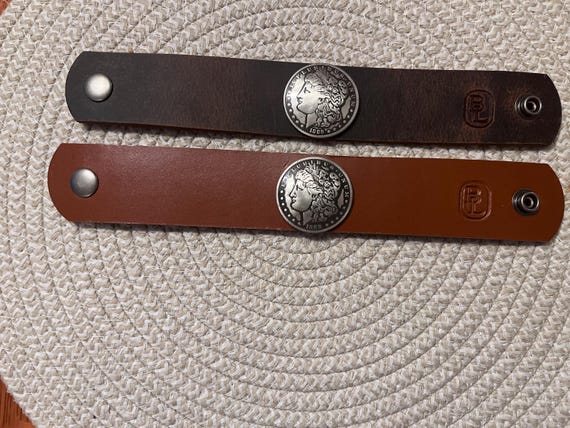 Leather Cuff Bracelet, Peace Silver Dollar Domed Coin (Adjustable Fit)
