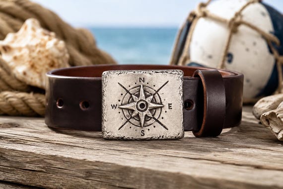 Compass Rose Belt Buckle with Custom Genuine Leather Belt | Nautical Coastal Accessory for Beach Lover | Gift for Him or Her