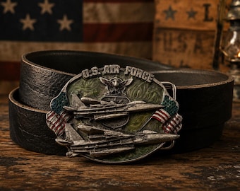 Vintage United States Air Force Belt Buckle with Handmade Leather Belt | Heavy Solid Pewter | Military Collectible | Gift for Veteran